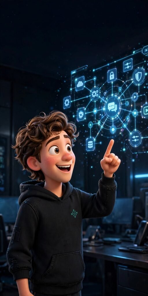 3D Pixar-style character pointing at a glowing holographic workflow - Zapier AI beginner guide