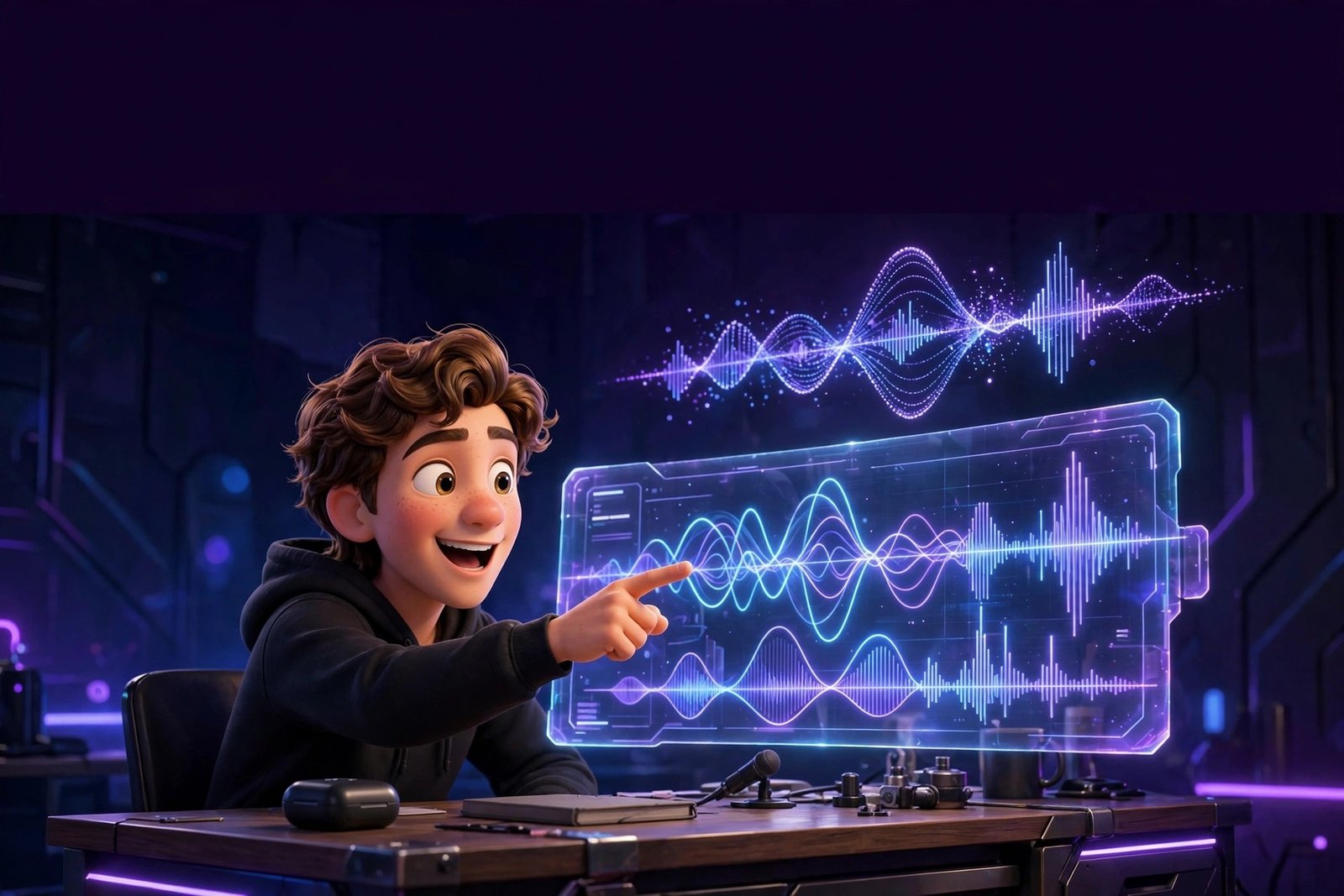 3D illustration of a young man pointing at an AI meeting transcript hologram - how to use Otter AI for beginners
