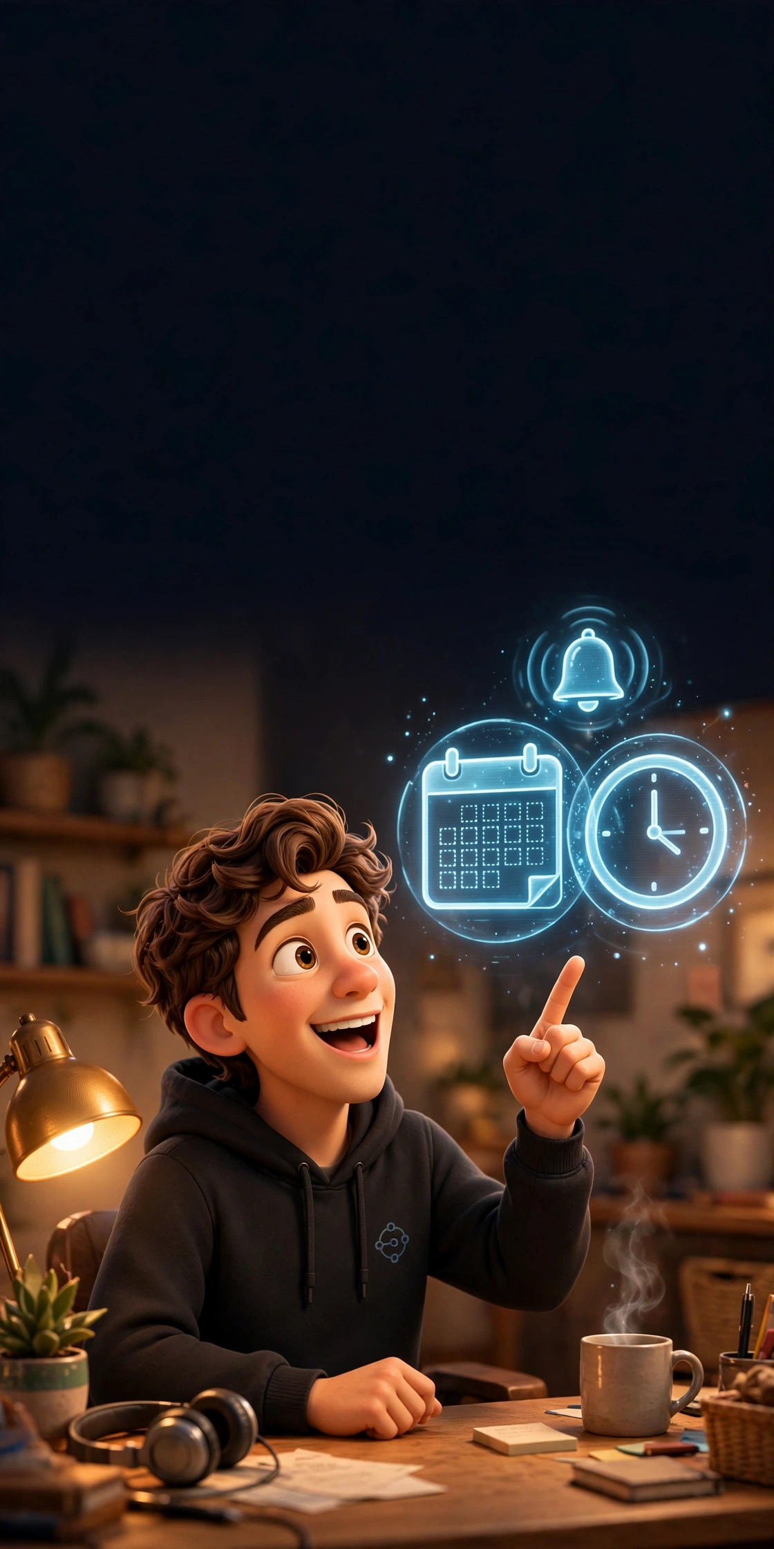 3D Pixar-style illustration of a young man with brown wavy hair and black hoodie pointing at a glowing calendar and clock hologram, representing ChatGPT scheduled tasks