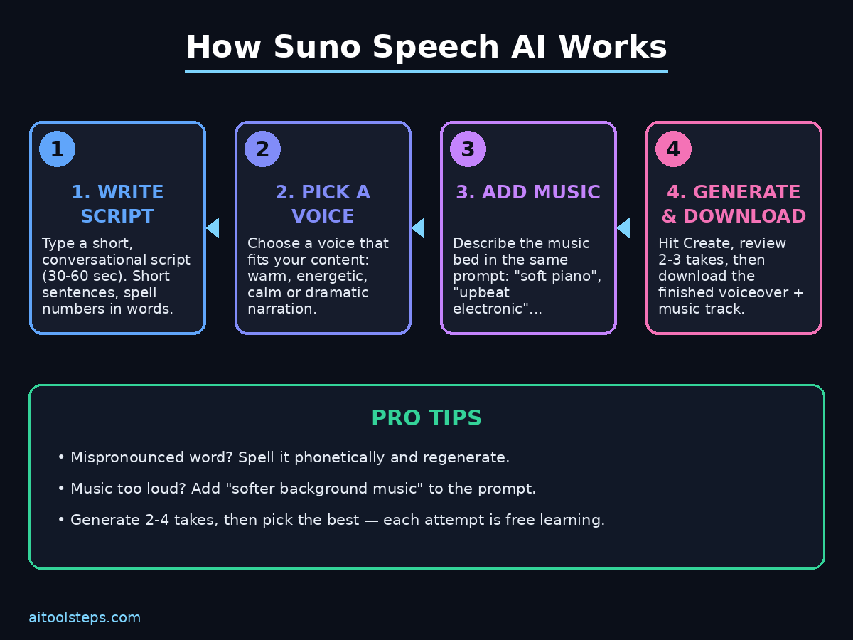 Suno Speech AI workflow diagram - write script, pick voice, add music, generate and download