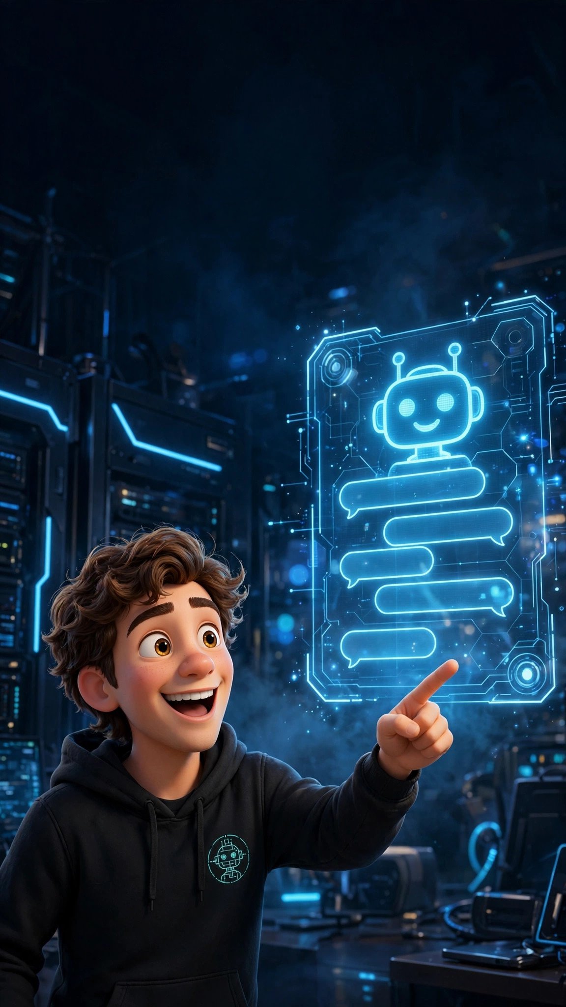 Tidio AI chatbot for beginners: 3D Pixar-style young man pointing at a glowing AI chatbot hologram