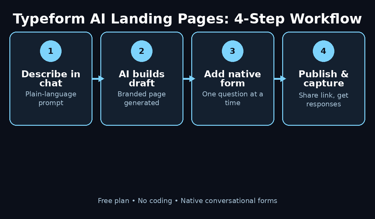 Typeform AI Landing Pages workflow diagram: describe in chat, AI builds draft, add native form, publish and capture responses