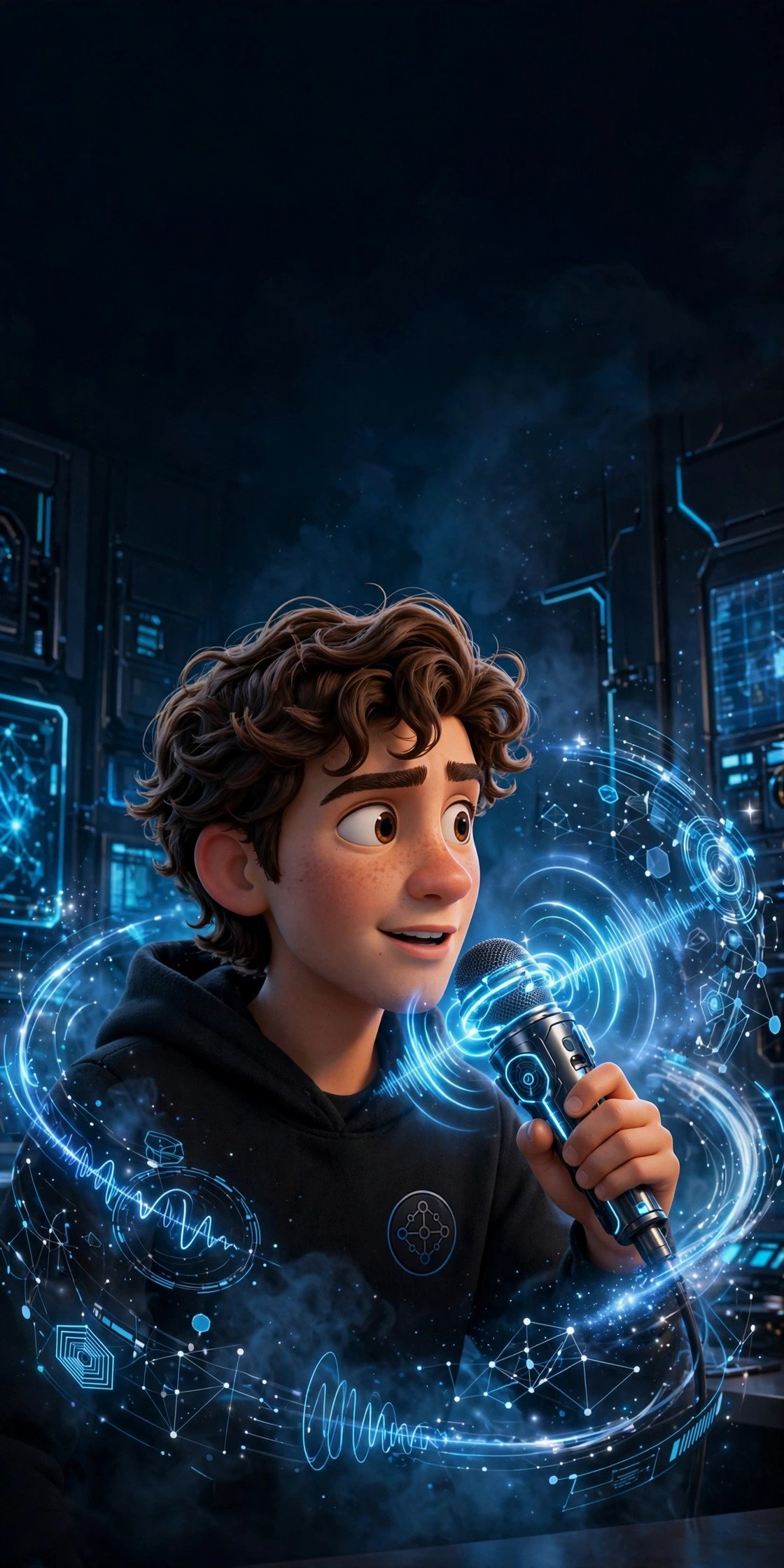 3D cartoon young man with brown wavy hair speaking into a glowing microphone, sound waves turning into text — Whistle AI speech-to-text beginner guide